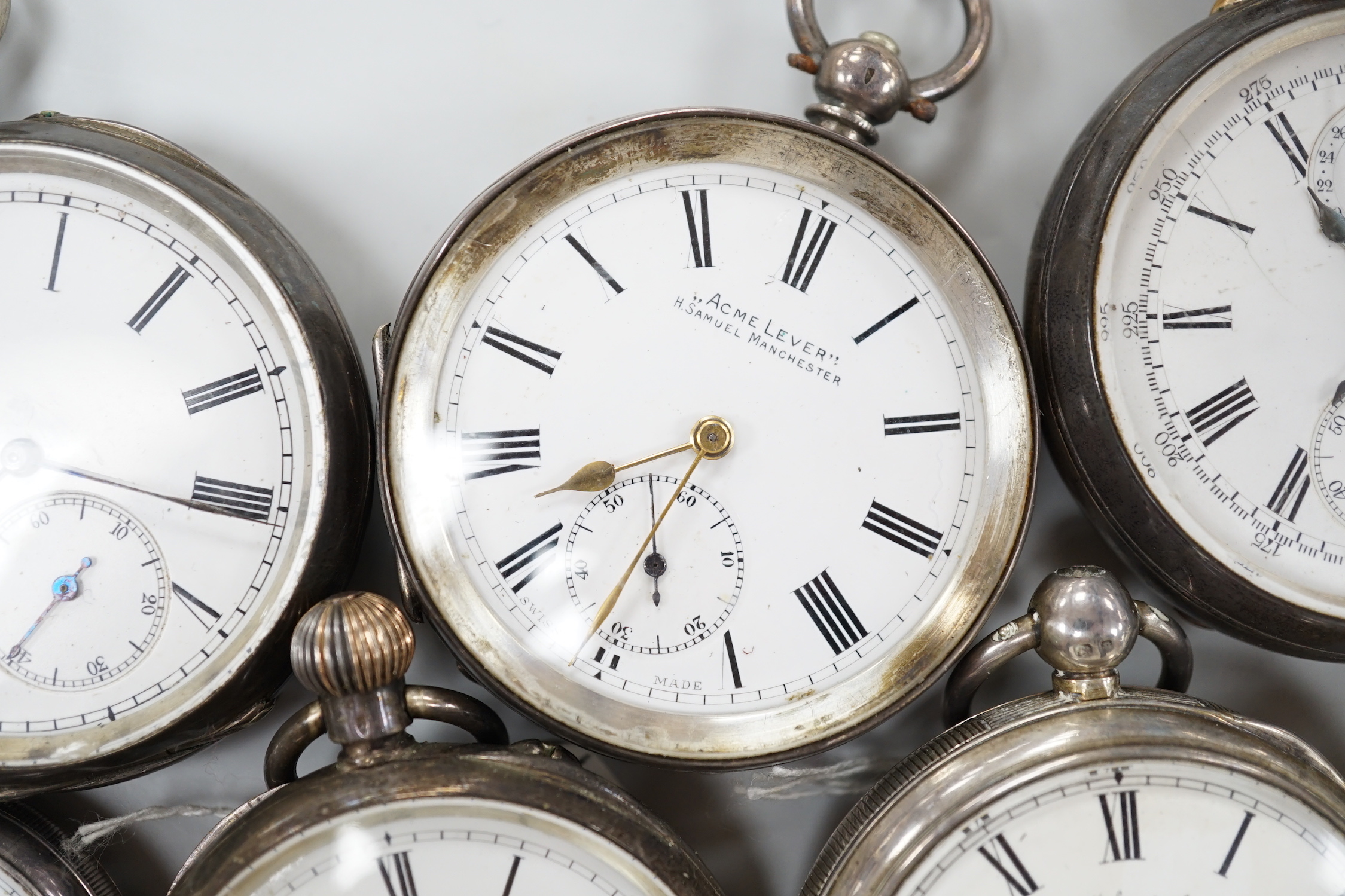 Ten assorted silver or white metal pocket watches including Sir John Bennett and Acme Lever.